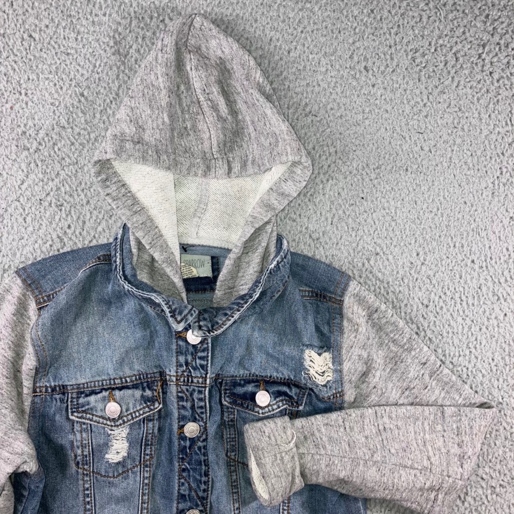 Hooded Denim Jacket Juniors M Distressed Mixed Media Blue y2k Edgy Women Small